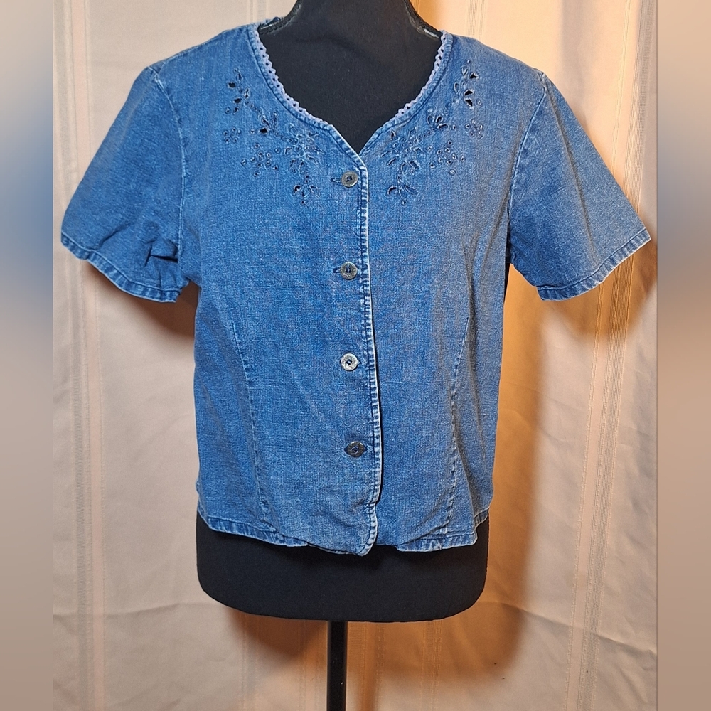 REQUIREMENTS Blue Linen-Cotton Blend Button-down  Top